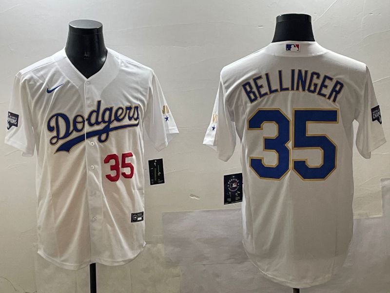Men Los Angeles Dodgers #35 Bellinger White Gold Game 2025 Nike MLB Jersey style 11